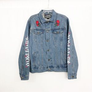 Brooklyn Cloth Embroidered Rose Asian Worldwide Culture Jean Jacket, Size Large